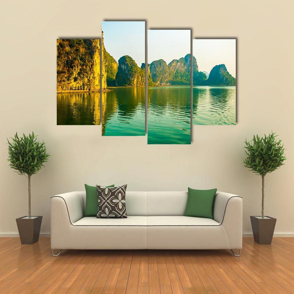 Sunset At Halong Bay In Vietnam Canvas Wall Art-4 Pop-Gallery Wrap-50" x 32"-Tiaracle
