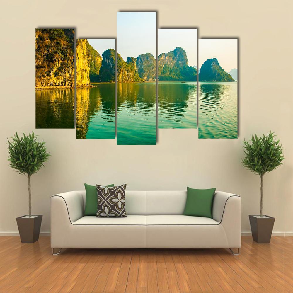 Sunset At Halong Bay In Vietnam Canvas Wall Art-5 Pop-Gallery Wrap-47" x 32"-Tiaracle