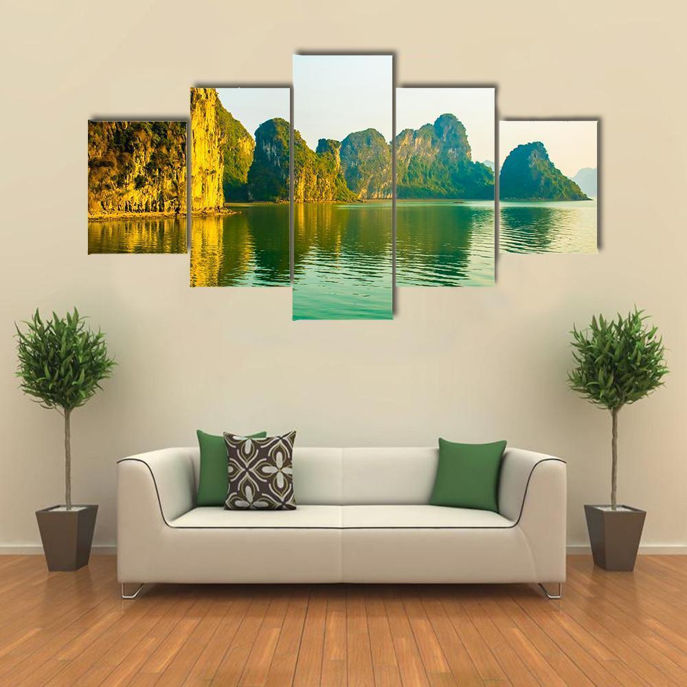 Sunset At Halong Bay In Vietnam Canvas Wall Art-5 Star-Gallery Wrap-62" x 32"-Tiaracle