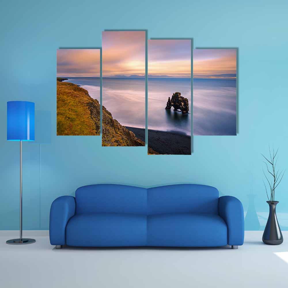Sunset At Hvitserkur Basalt Stack In Northern Iceland Canvas Wall Art-4 Pop-Gallery Wrap-34" x 20"-Tiaracle