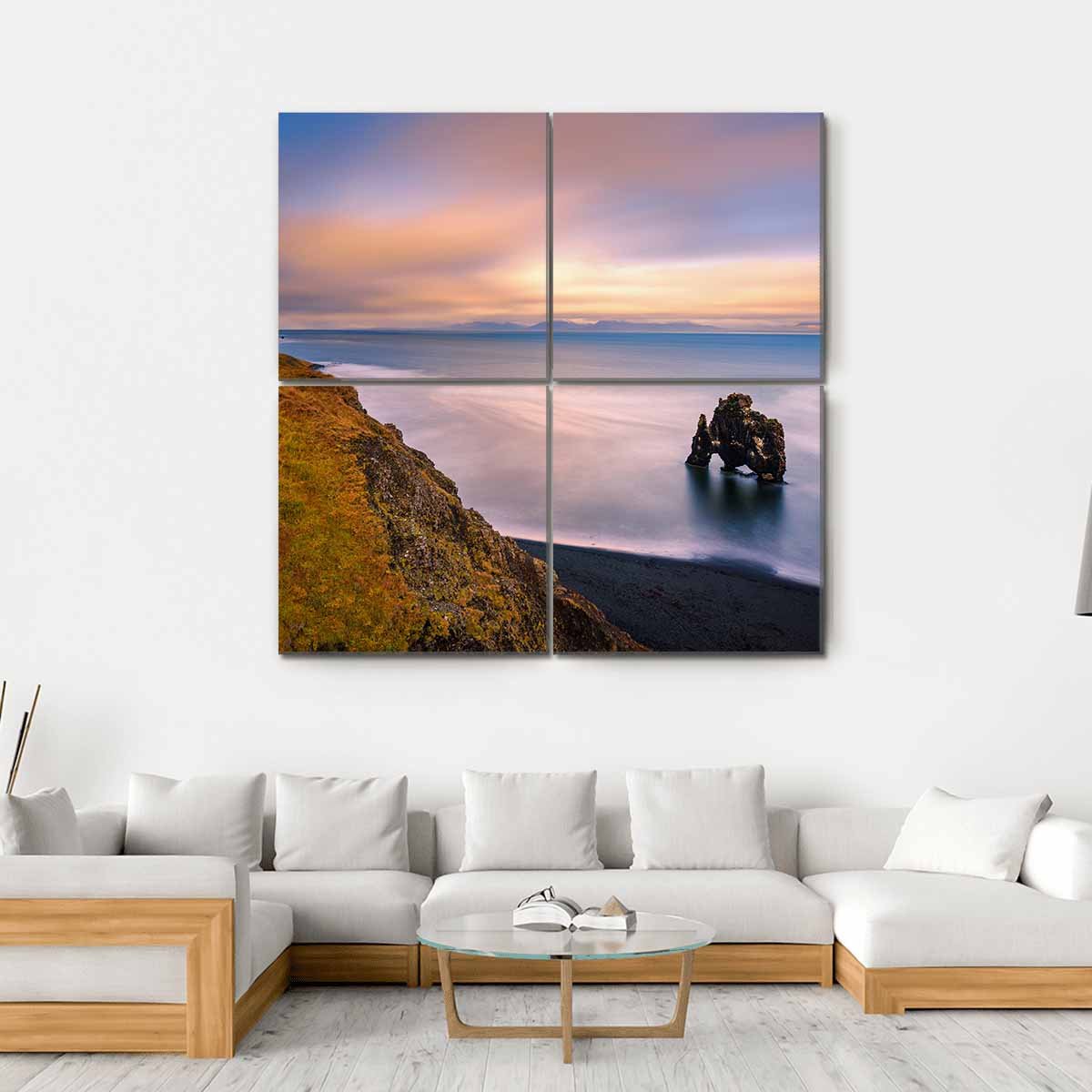 Sunset At Hvitserkur Basalt Stack In Northern Iceland Canvas Wall Art-4 Square-Gallery Wrap-17" x 17"-Tiaracle