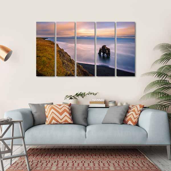 Sunset At Hvitserkur Basalt Stack In Northern Iceland Canvas Wall Art-5 Horizontal-Gallery Wrap-22" x 12"-Tiaracle
