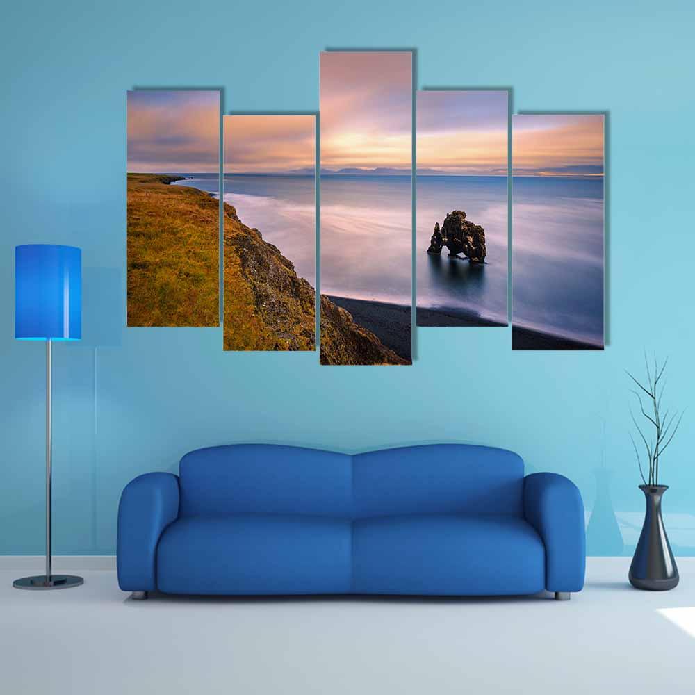 Sunset At Hvitserkur Basalt Stack In Northern Iceland Canvas Wall Art-5 Pop-Gallery Wrap-32" x 21"-Tiaracle