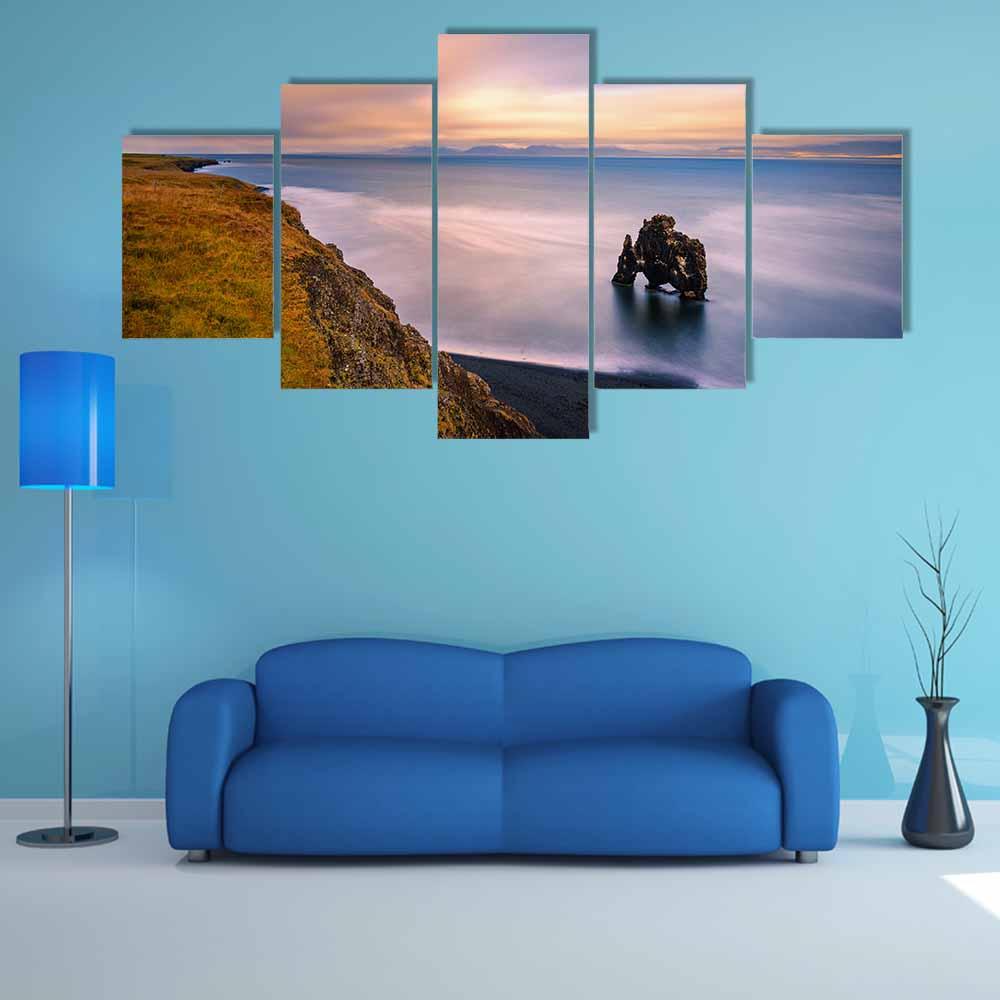 Sunset At Hvitserkur Basalt Stack In Northern Iceland Canvas Wall Art-5 Star-Gallery Wrap-42" x 21"-Tiaracle