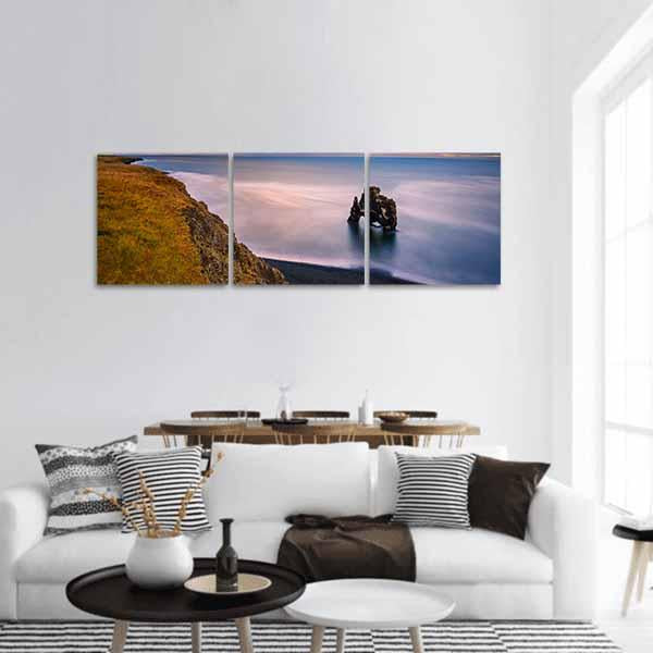 Sunset At Hvitserkur Basalt Stack In Northern Iceland Panoramic Canvas Wall Art-3 Piece-25" x 08"-Tiaracle