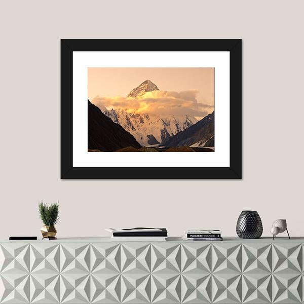 Sunset At K2 Mountain Canvas Wall Art-1 Piece-Framed Print-20" x 16"-Tiaracle