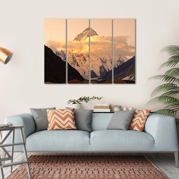 Sunset At K2 Mountain Canvas Wall Art-4 Horizontal-Gallery Wrap-34" x 24"-Tiaracle
