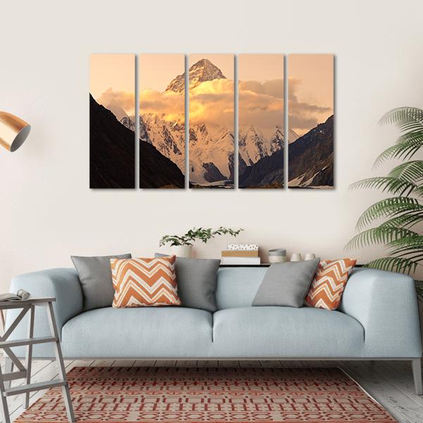 Sunset At K2 Mountain Canvas Wall Art-5 Horizontal-Gallery Wrap-22" x 12"-Tiaracle