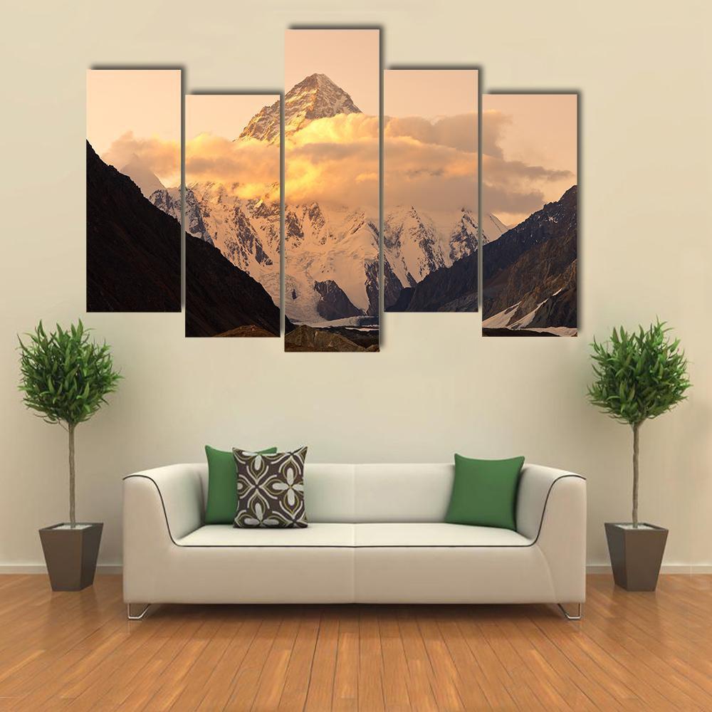 Sunset At K2 Mountain Canvas Wall Art-5 Pop-Gallery Wrap-47" x 32"-Tiaracle