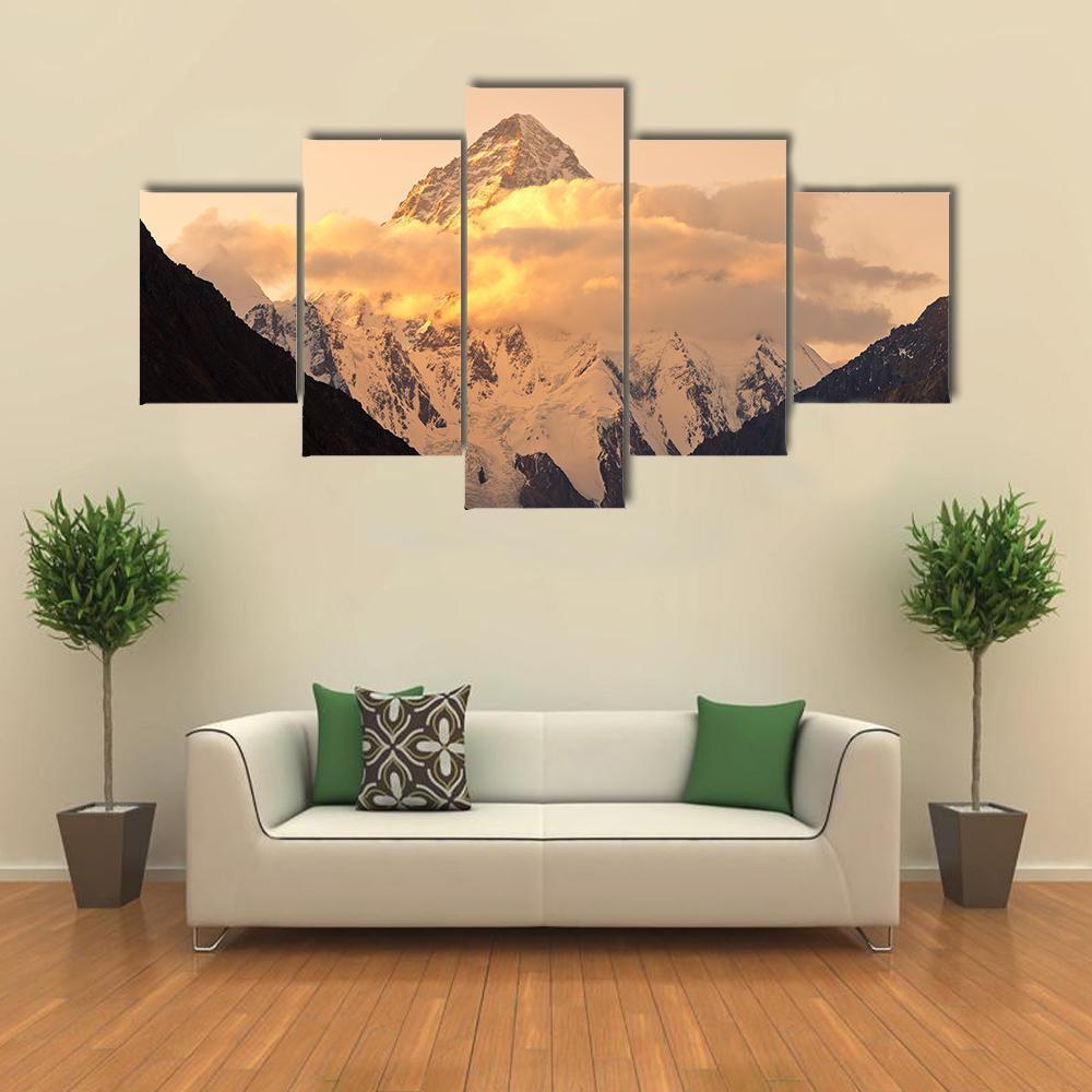 Sunset At K2 Mountain Canvas Wall Art-5 Star-Gallery Wrap-62" x 32"-Tiaracle