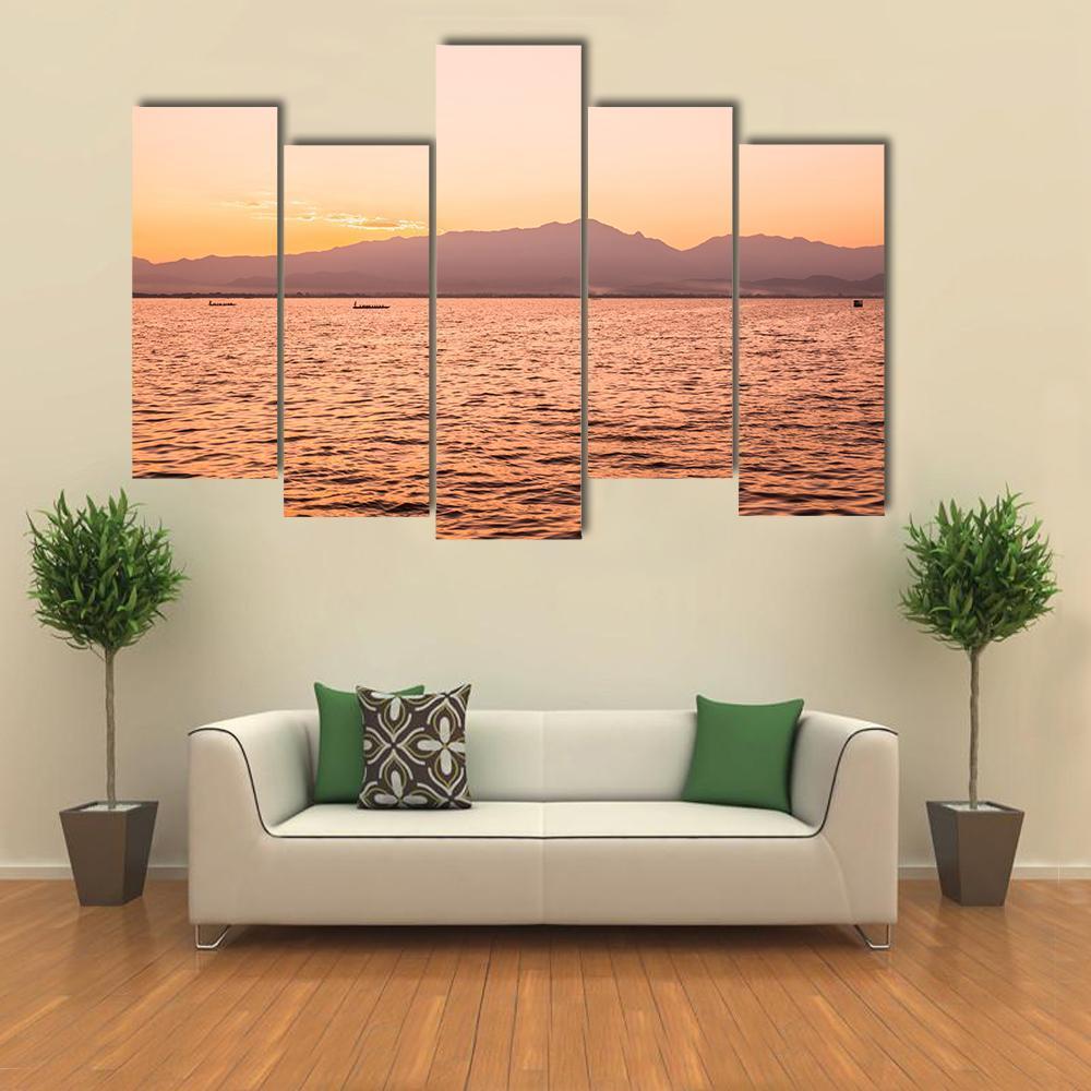 Sunset At Kwan Phayao Lake In Thailand Canvas Wall Art-5 Pop-Gallery Wrap-47" x 32"-Tiaracle