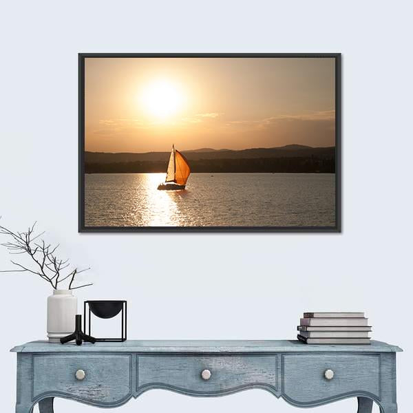 Lake Balaton Sunset with Sailboat Canvas Wall Art in gray, orange and yellow, framed canvas, product view on a white background