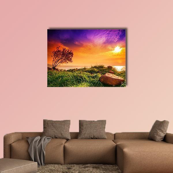 Sunset Over Lake Balaton Canvas Wall Art in orange, green and purple, single panel hung on a wall