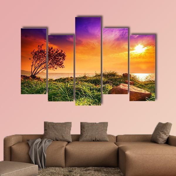 Sunset At Lake Balaton Canvas Wall Art-5 Pop-Gallery Wrap-47&quot; x 32&quot;-Tiaracle
