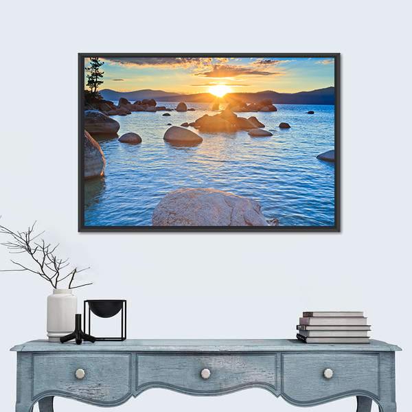 Lake Tahoe Sunset with Pine Silhouette Canvas Wall Art in orange, yellow and blue, framed canvas, product view on a white background