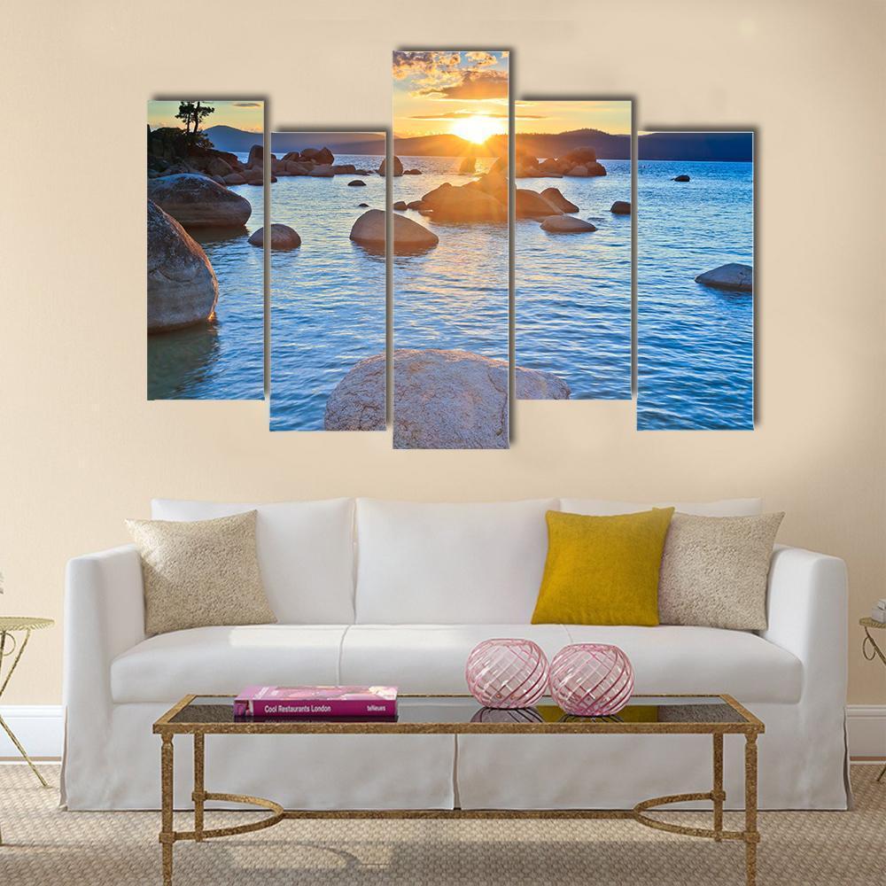 Sunset At Lake Tahoe Canvas Wall Art-5 Pop-Gallery Wrap-47" x 32"-Tiaracle