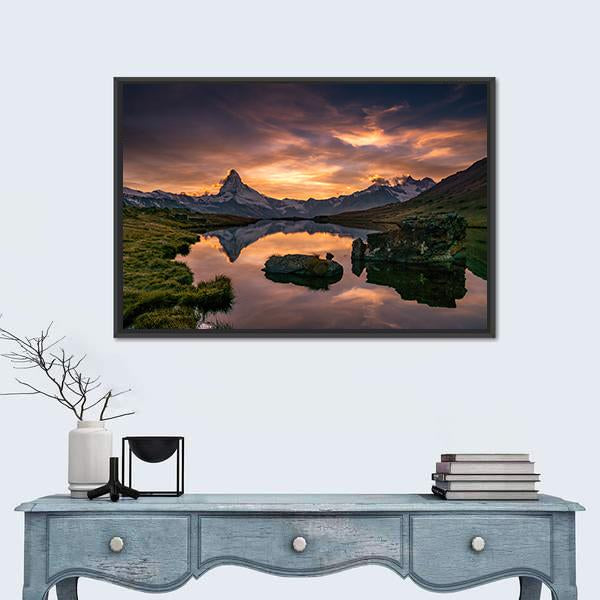 Sunset At Matterhorn With Reflection In Stelli Lake Canvas Wall Art-1 Piece-Floating Frame-24" x 16"-Tiaracle