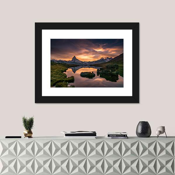 Sunset At Matterhorn With Reflection In Stelli Lake Canvas Wall Art-1 Piece-Framed Print-20" x 16"-Tiaracle
