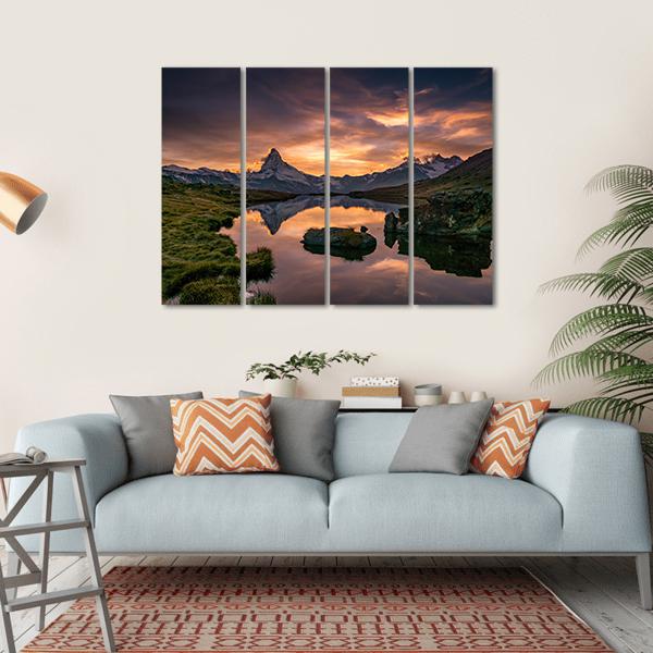 Sunset At Matterhorn With Reflection In Stelli Lake Canvas Wall Art-4 Horizontal-Gallery Wrap-34" x 24"-Tiaracle