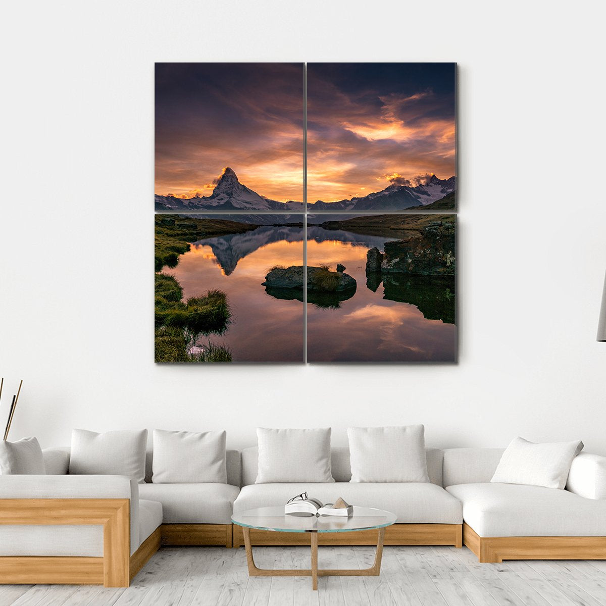 Sunset At Matterhorn With Reflection In Stelli Lake Canvas Wall Art-4 Square-Gallery Wrap-17" x 17"-Tiaracle