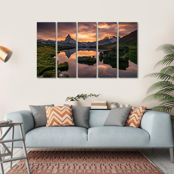 Sunset At Matterhorn With Reflection In Stelli Lake Canvas Wall Art-5 Horizontal-Gallery Wrap-22" x 12"-Tiaracle