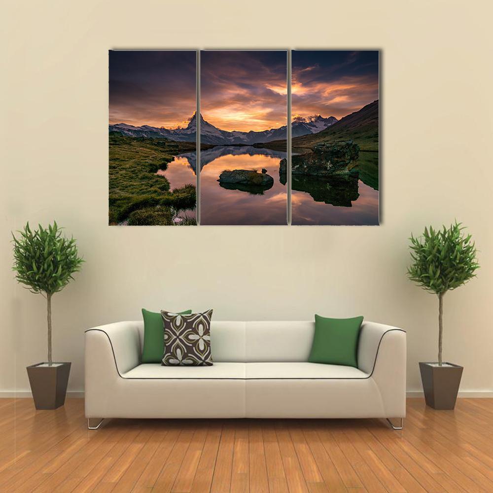 Sunset At Matterhorn With Reflection In Stelli Lake Canvas Wall Art-3 Horizontal-Gallery Wrap-37" x 24"-Tiaracle