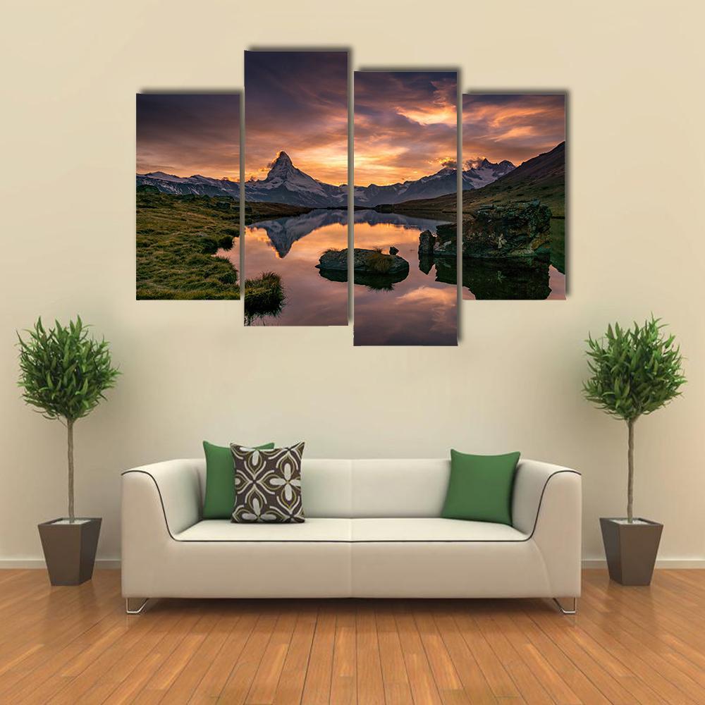 Sunset At Matterhorn With Reflection In Stelli Lake Canvas Wall Art-4 Pop-Gallery Wrap-50" x 32"-Tiaracle