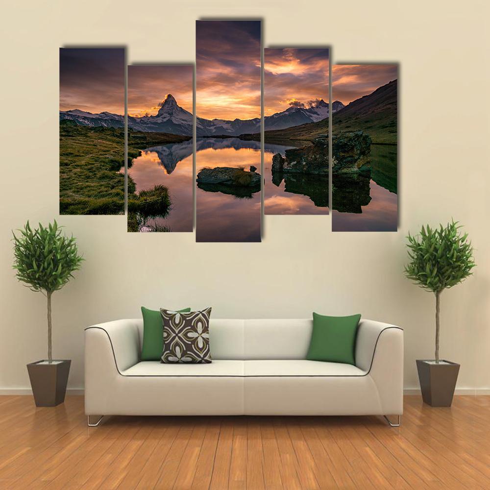 Sunset At Matterhorn With Reflection In Stelli Lake Canvas Wall Art-5 Pop-Gallery Wrap-47" x 32"-Tiaracle