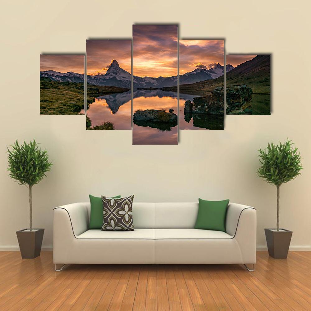 Sunset At Matterhorn With Reflection In Stelli Lake Canvas Wall Art-5 Star-Gallery Wrap-62" x 32"-Tiaracle