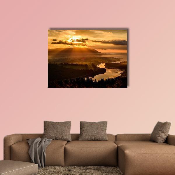 Mourne Mountains Sunset Over River Valley Canvas Wall Art in brown, orange and yellow, single panel hung on a wall