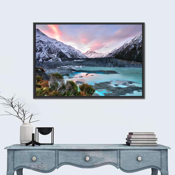 Sunset At Mueller Glacier Aoraki Mt Cook Canvas Wall Art-1 Piece-Floating Frame-24" x 16"-Tiaracle