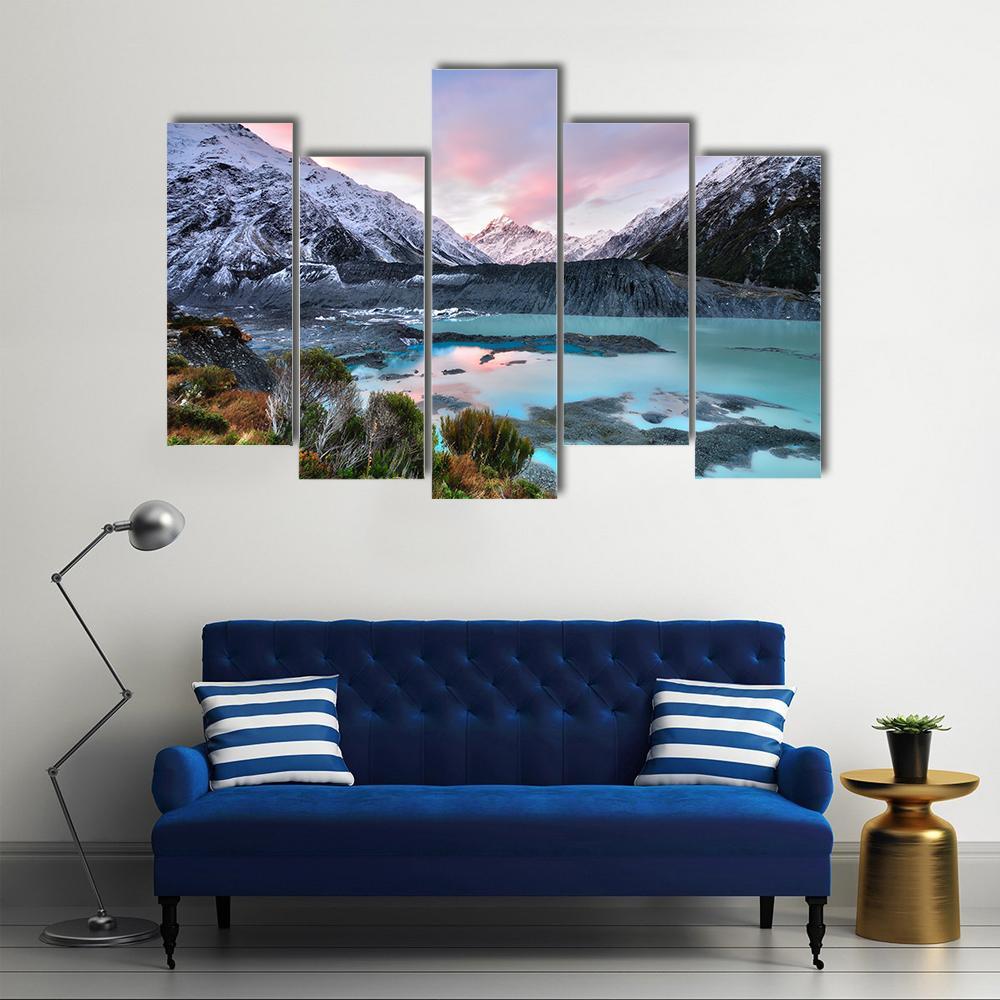 Sunset At Mueller Glacier Aoraki Mt Cook Canvas Wall Art-5 Pop-Gallery Wrap-47" x 32"-Tiaracle