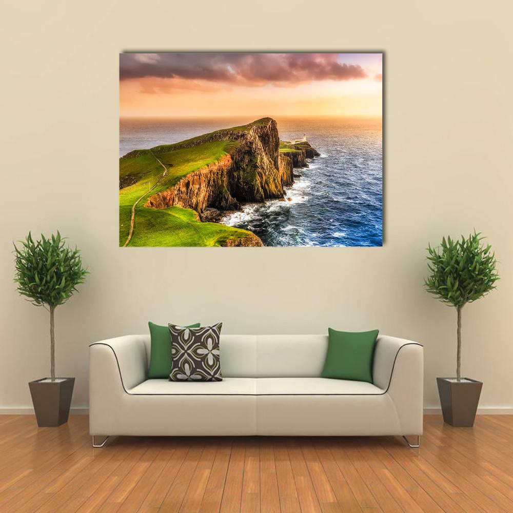 Sunset At Neist Point Lighthouse Canvas Wall Art-4 Horizontal-Gallery Wrap-34" x 24"-Tiaracle