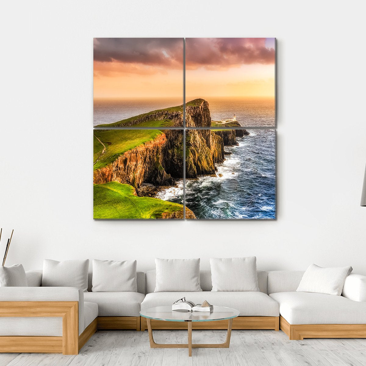 Sunset At Neist Point Lighthouse Canvas Wall Art-4 Square-Gallery Wrap-17" x 17"-Tiaracle