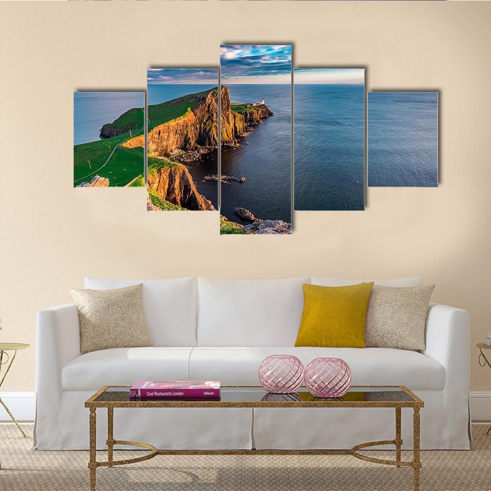 Neist Point Lighthouse In Scotland Canvas Wall Art-5 Star-Gallery Wrap-62" x 32"-Tiaracle