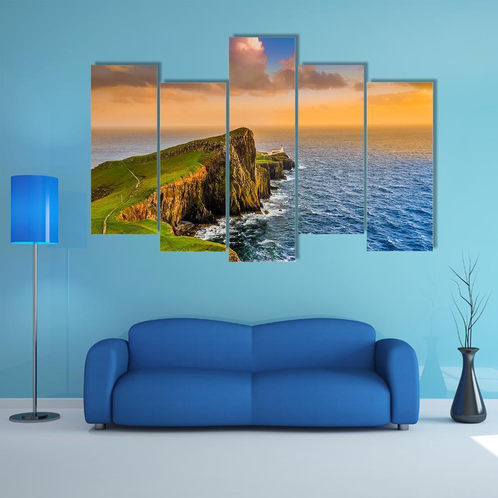 Sunset At Neist Point Lighthouse Canvas Wall Art-5 Pop-Gallery Wrap-47" x 32"-Tiaracle