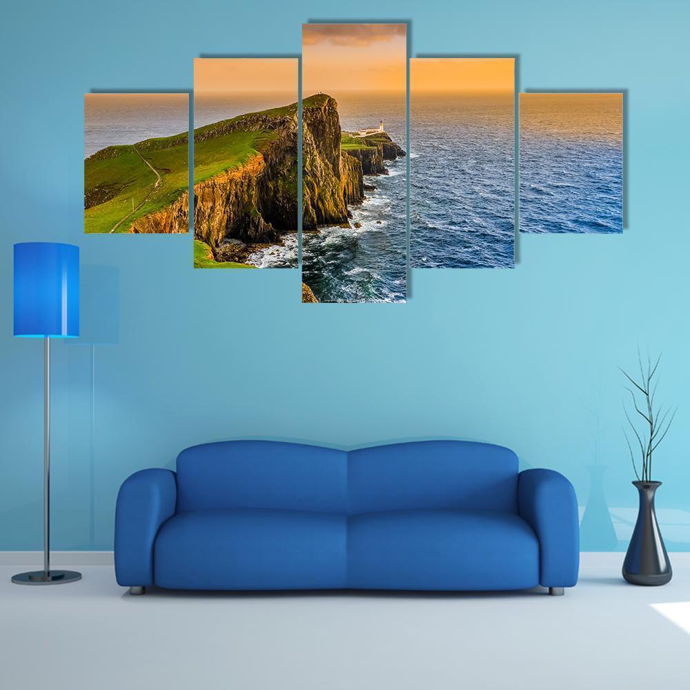 Sunset At Neist Point Lighthouse Canvas Wall Art-5 Star-Gallery Wrap-62" x 32"-Tiaracle