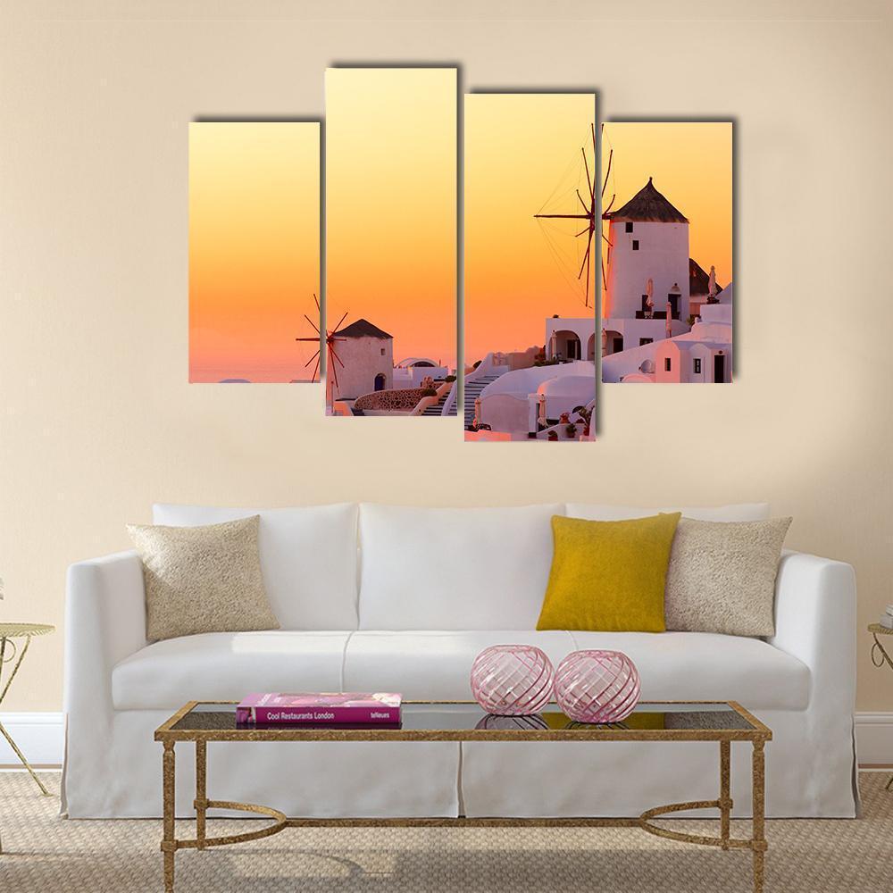 Sunset At Oia Village Canvas Wall Art-4 Pop-Gallery Wrap-50&quot; x 32&quot;-Tiaracle