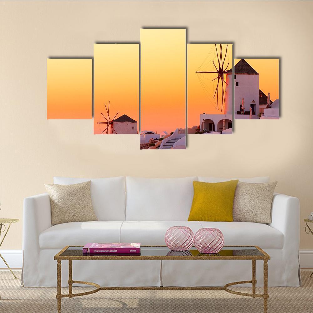 Sunset At Oia Village Canvas Wall Art-5 Star-Gallery Wrap-62" x 32"-Tiaracle