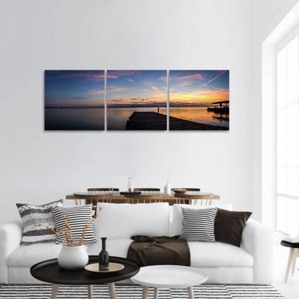 Sunset At Pier Near Lake Panoramic Canvas Wall Art-3 Piece-25" x 08"-Tiaracle