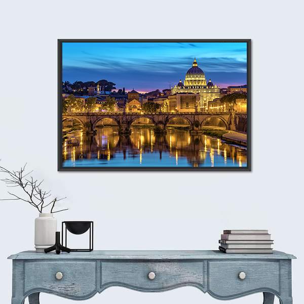 Sunset At Rome Italy With Saint Peter's Basilica Canvas Wall Art-1 Piece-Floating Frame-24" x 16"-Tiaracle