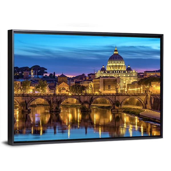 Sunset At Rome Italy With Saint Peter's Basilica Canvas Wall Art-3 Horizontal-Gallery Wrap-25" x 16"-Tiaracle