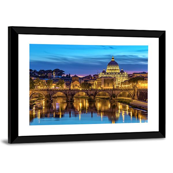 Sunset At Rome Italy With Saint Peter's Basilica Canvas Wall Art-3 Horizontal-Gallery Wrap-25" x 16"-Tiaracle