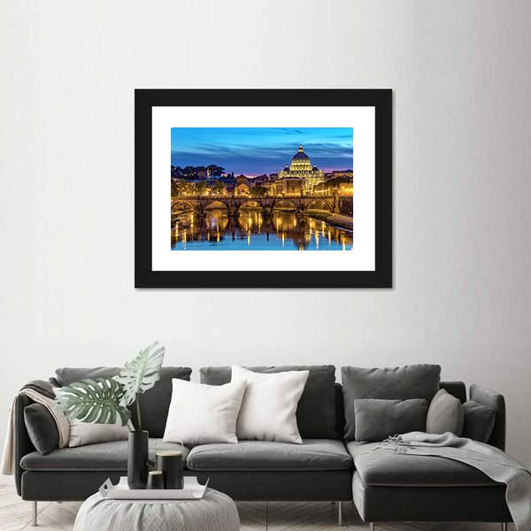 Sunset At Rome Italy With Saint Peter's Basilica Canvas Wall Art-3 Horizontal-Gallery Wrap-25" x 16"-Tiaracle