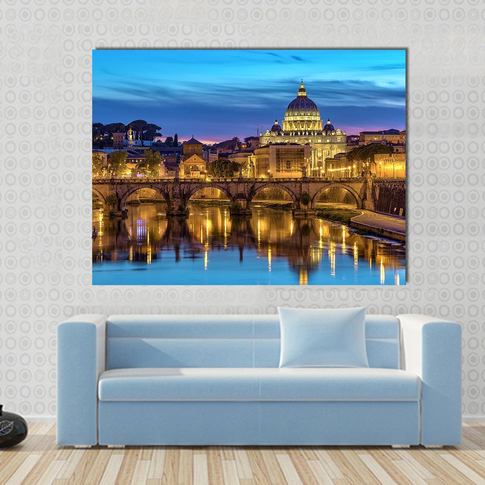 Sunset At Rome Italy With Saint Peter's Basilica Canvas Wall Art-1 Piece-Gallery Wrap-48" x 32"-Tiaracle