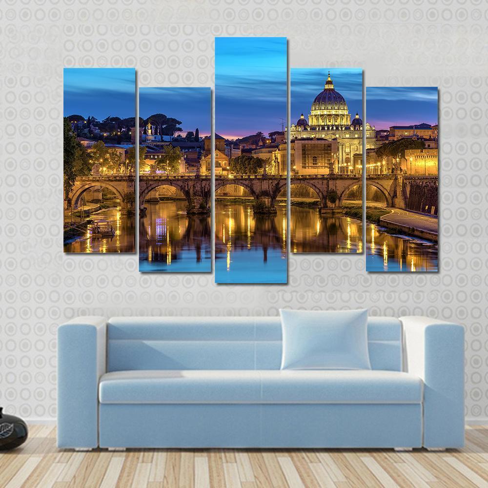 Sunset At Rome Italy With Saint Peter's Basilica Canvas Wall Art-5 Pop-Gallery Wrap-47" x 32"-Tiaracle