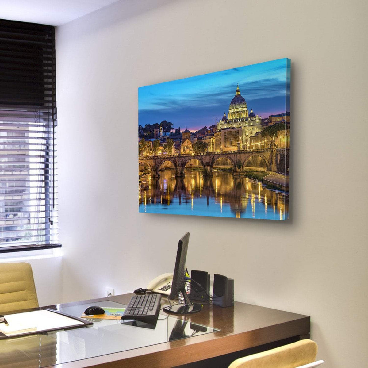 Sunset At Rome Italy With Saint Peter's Basilica Canvas Wall Art-3 Horizontal-Gallery Wrap-25" x 16"-Tiaracle