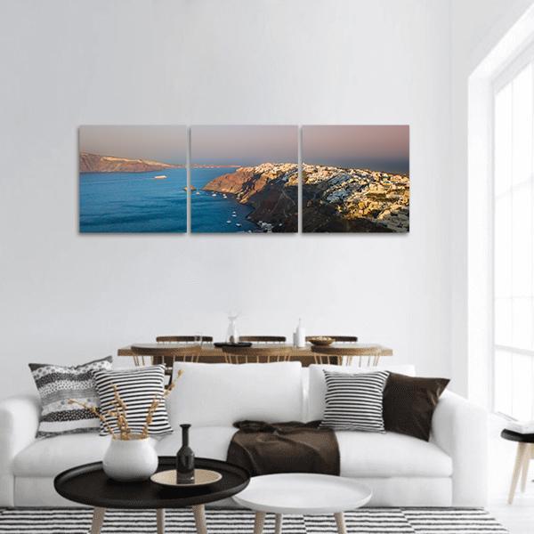 Sunset At Santorini In Oia Panoramic Canvas Wall Art-3 Piece-25" x 08"-Tiaracle