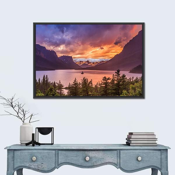 Sunset At St Mary Lake Canvas Wall Art-1 Piece-Floating Frame-24" x 16"-Tiaracle