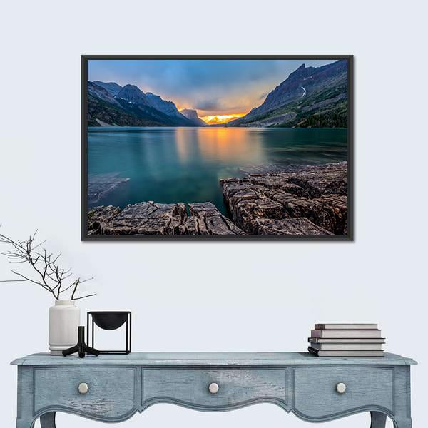Sunset At St Mary Lake Canvas Wall Art-1 Piece-Floating Frame-24" x 16"-Tiaracle